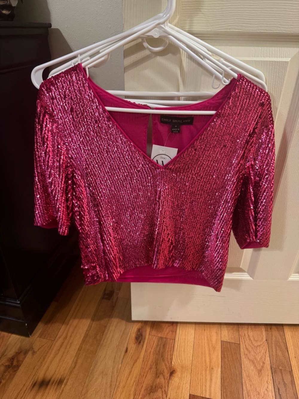 Pink Sequin V-Neck Crop Top